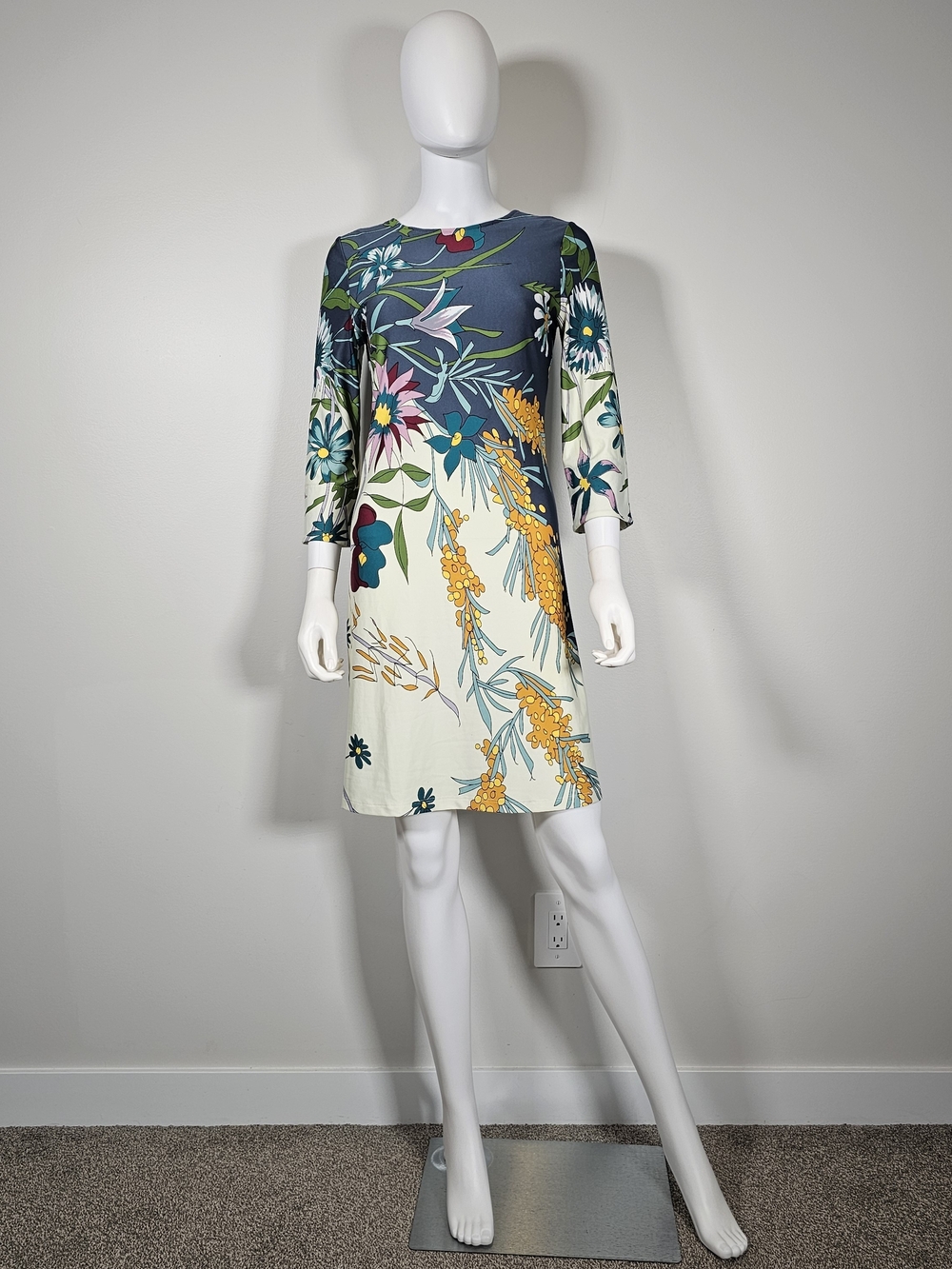 JB by Julie Brown Floral A-Line Dress in Teal Cream with Mustard Accents Sz S